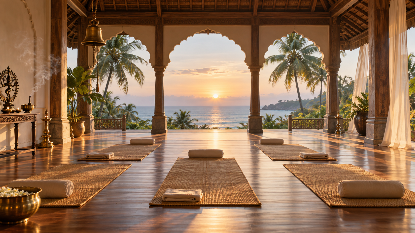 A serene coastal yoga shala at sunrise